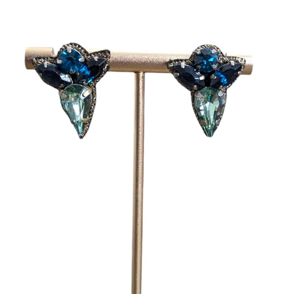 SUZANNA DAI Blue Cluster Rhinestone Leather Back Earrings Anthropologie